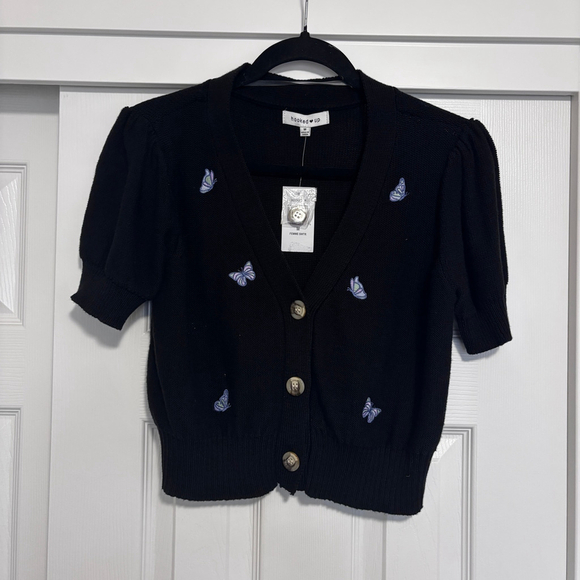 Hooked Up Juniors' M Puff-Sleeve Embroidered Butterfly Cardigan Sweater NWT - Picture 4 of 6